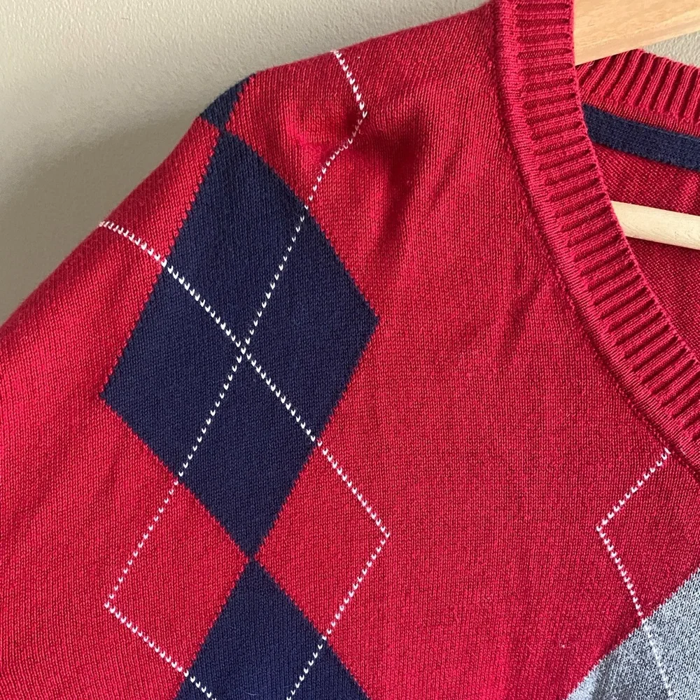 Club Room Men's Sweater XLT 100% Cotton Red Navy Argyle Golf‎ Preppy Academia